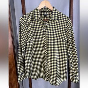 Talbots Medium Button-Up Shirt Gingham Blue Yellow 100% Cotton Preppy Classic
